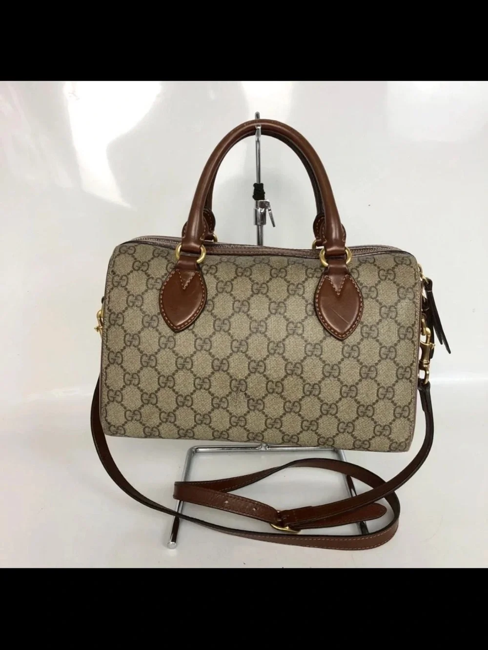 Gucci Beige GG Canvas Satchel with Brown Leather Trim